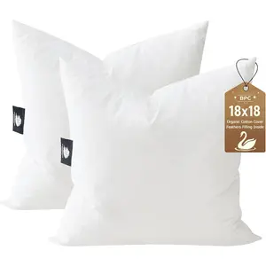 BPC 18x18 Down Feather Throw Pillow Inserts Set of 2, 100% Organic Cotton Cover, Soft Square Decorative Pillow for Sofa, Couch and Bed, White
