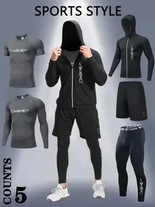 5 Piece Sportswear Set, Fashion Print Design, Quick Dry Breathable Fabric, Elastic Compression Tight Fit, Perfect for Sports Running Gym Workout