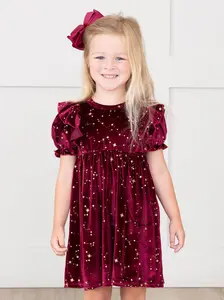 Wine Starry Night Velvet Ruffle Dress