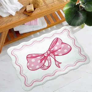 Modern Bathroom Plush Absorbent Rug, Cute Bow Wave Carpet, Soft Comfortable Plush Mat, Ideal for Bathrooms, Restroom, Room Entrance Area
