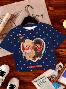 Girls' Fashion Monchichi Heart Star T-Shirt, Cartoon Girl Print Summer Short Sleeve, Casual Loose-Fitting Top, All over Print