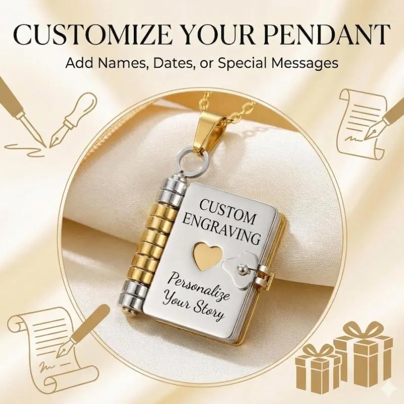 Book-Shaped Locket Necklace for Women, Stainless Steel Engravable Chain Jewelry Necklaces with Metal Coating, Customizable for Daily Wear, Casual, Female