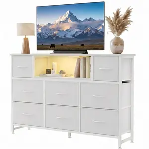 TV Stand with 8 Fabric Drawers & Power Outlet, LED TV Console with USB & Type-C, Storage Dresser for Living Room, Black