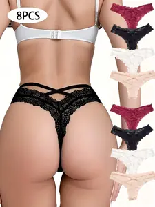 DORSU Lace Thong Panty for Women Ladies Cute Lace Thongs High Cut Lace Trim BIKINI Panty No Show Mesh Soft Underwear Panty Pack
