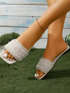 Women's Pearl Square Toe Sandals, Summer Breathable Soft Sole Slippers, Elegant Commute & Shopping Shoes, All-Season Casual Footwear