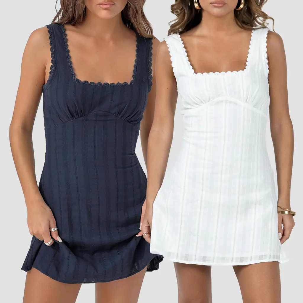 Women’s Summer Tank Dress Sleeveless Square Neck Lace Trim Solid Color A-line Dress Short Mini Dress