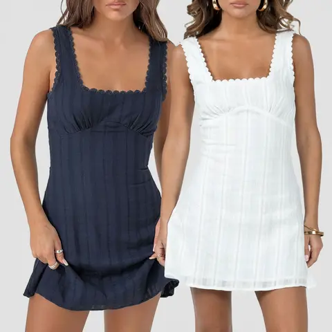 Women Sleeveless Square Neck Mini Dress Scalloped Lace Trim Textured Stripe Short Dress Casual Summer Sundress for Beach Vacation Club Evening