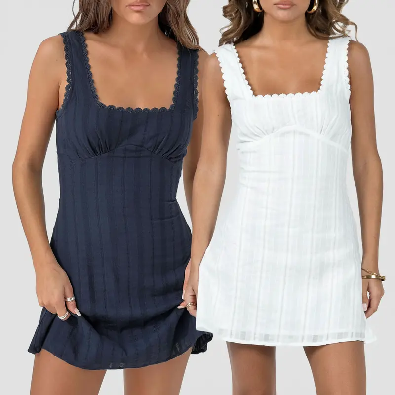 Women Sleeveless Square Neck Mini Dress Scalloped Lace Trim Textured Stripe Short Dress Casual Summer Sundress for Beach Vacation Club Evening