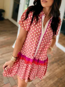 Summer Elegant Geometric Floral Print Colorblock Hemline Fitted Dress, Front Button Design, Women's Fashionable Casual Wear