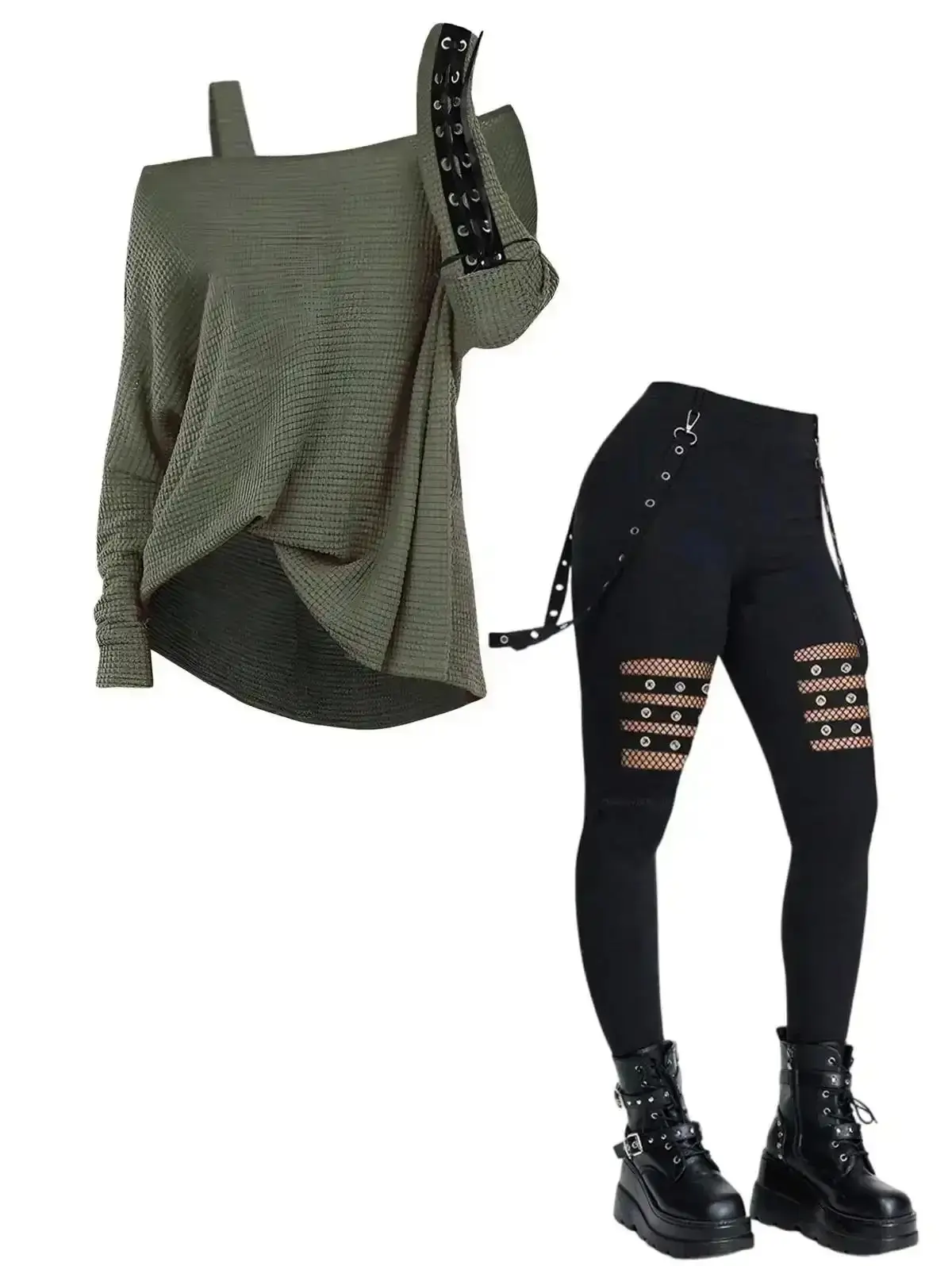 Gothic Outfit Women Textured Skew 2026 Neck Solid Color Top and Grommet Hollow Out Pants Set Autumn Matching Outfits, Running Gear, Stretch Fabric, Athletic Fit, Everyday Essential, Life, Gym closet staple