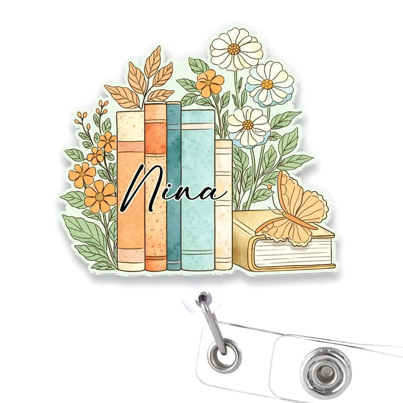 Personalized Teacher Floral Book Stack Badge Reel, Custom Name Retractable ID Holder Clip, Cute Classroom School Staff Work Badge Gift