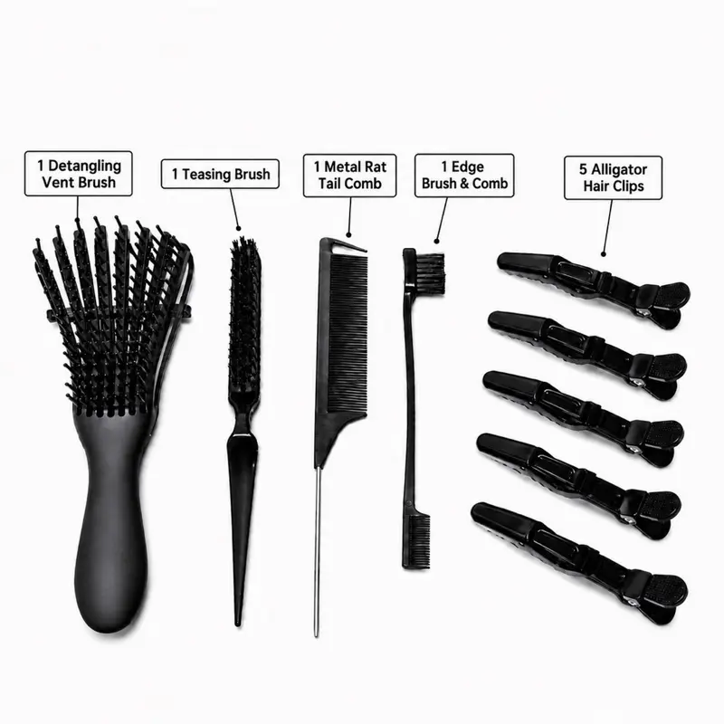 Hair Styling Kit, Detangling Vent Brush, Teasing Brush, Rat Tail Comb, Edge Brush, 5 Duckbill Clips