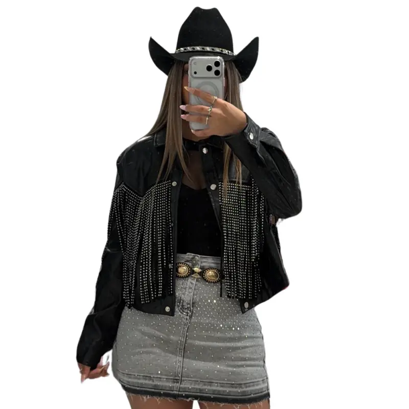 Belinda Fringe Rhinestone Leather Jacket - Women's Versatile Style for Comfort - Womenswear