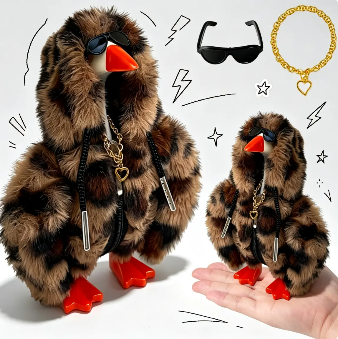 Decorative Urban Chic Soft Polyester Leopard Plush Print Hoodie Outfit Set for 7" Magnetic Desk Goose Statue, Mini Desktop Accessories with Sunglasses, Heart-Shaped Chain (Goose Statue Not Included)