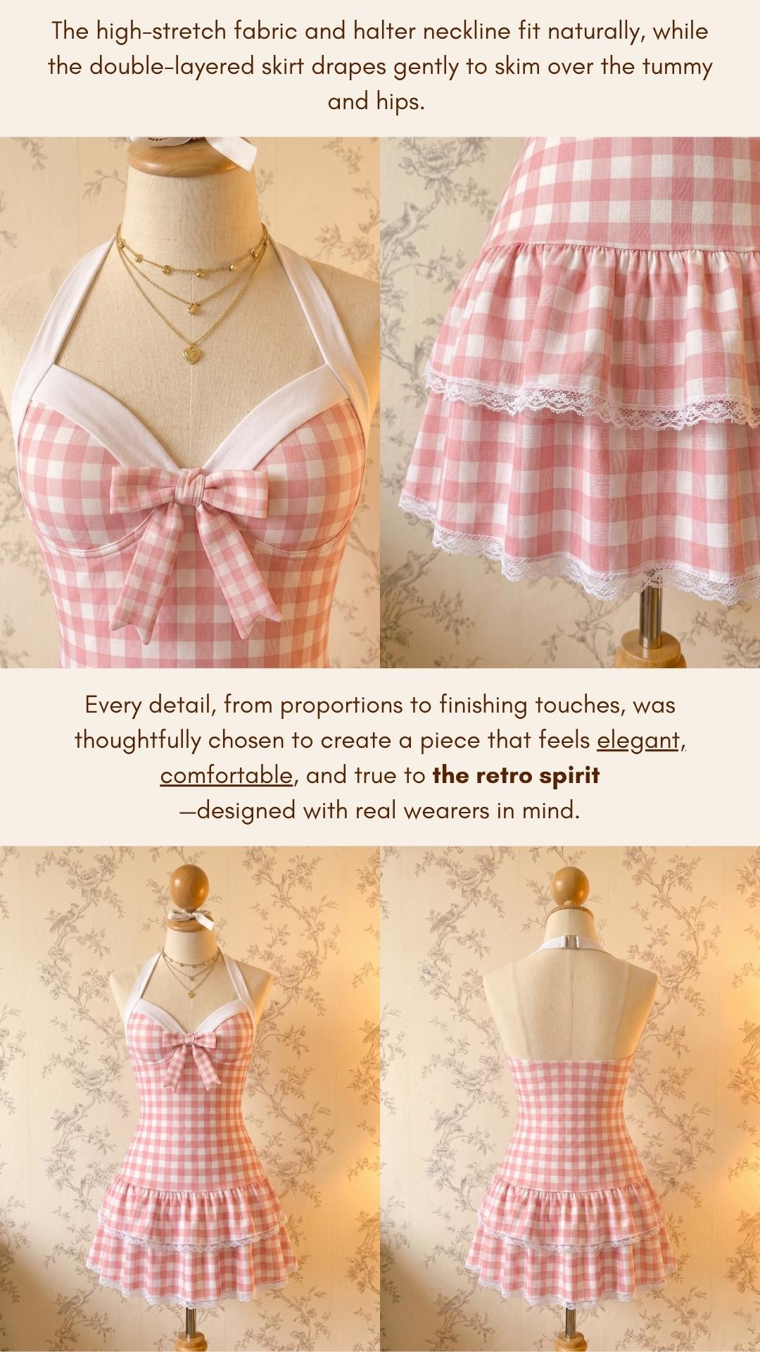RETRO STAGE Women's 1940s Vintage Pink Gingham Halter 1-Piece Swimsuit, Polka Dots, Dainty Bow, Ruffled Hem, Backless, Comfortable Fit, Bathing Suit, One Piece Swimsuit,summervibes