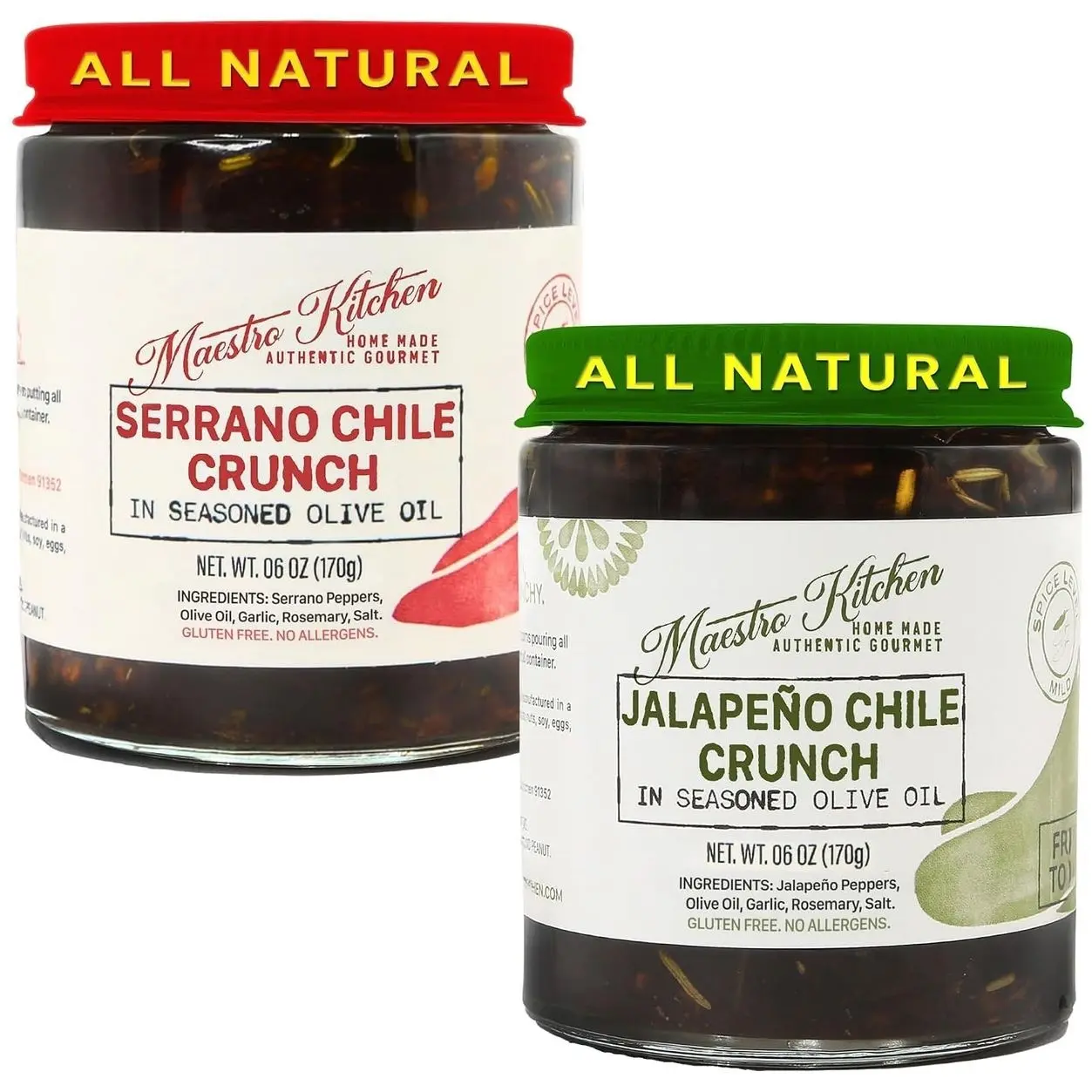 Spicy Serrano & Mild Jalapeno Pepper Chili Crisp Crunch - 6oz Variety 2 Pack - All Natural Chili Oil Hot Sauce 100% Olive Oil, Garlic & Rosemary - Crunchy Mexican Seasoning – Gluten Free Vegan
