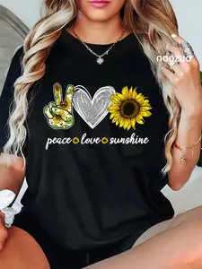 100% Cotton Unisex Peace Love Sunshine Sunflower Hippie Sunflower Lover Gifts T-Shirt Casual Top
