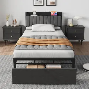 Full Size Bed Frame with 2 Large Drawers Charging Station & Functional Storage Headboard – Industrial Platform Bed , Noise Free, No Box Spring Needed, Easy Assembly