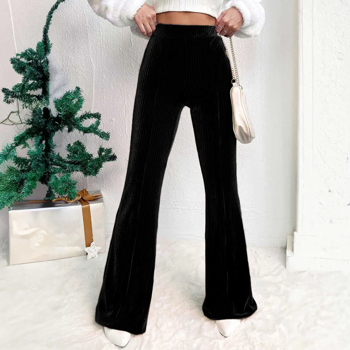 Black Solid Color High Waist Flare Corduroy Pants