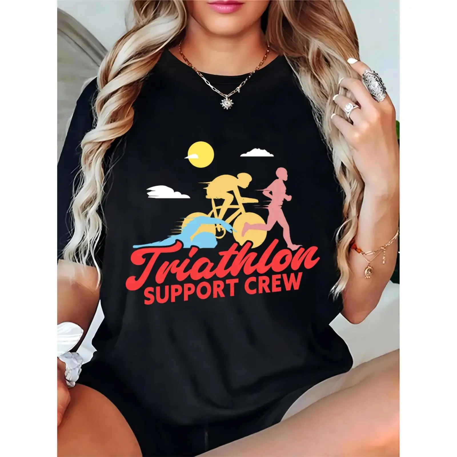 Women's Triathlon Support Crew T-Shirt, Swim Bike Run Graphic, Sun & Clouds Design, Casual Sports Event Apparel for Triathlon Enthusiasts & Supporters, Prints, Comfortable, Shortsleeve, Ladies, Feminine, Essential, Skirts, Elegant, Fit
