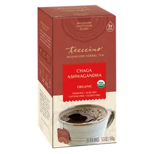 Teeccino Chaga Ashwagandha Butterscotch Cream Mushroom Herbal Tea Organic Gluten-Free Caffeine-Free 25 Tea Bags 5.3 oz Healthy Adaptogen