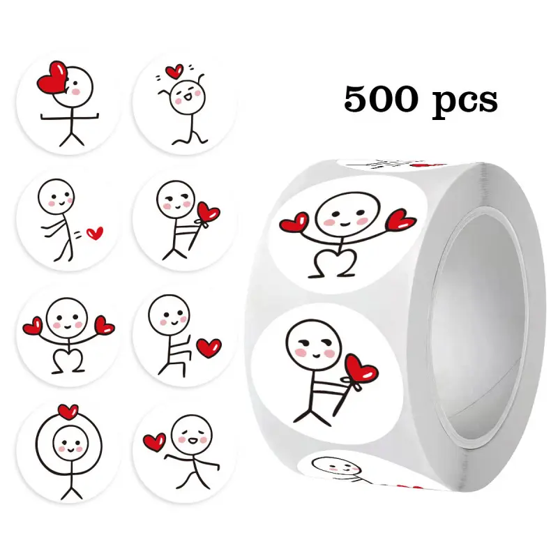 Stick Figure Stickers - Cute Cartoon Love Expressions, High-Visual Creative Round Labels for Journal Sealing & Envelope Decoration