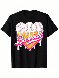 Boys' Baseball Ice Cream & Sprinkle T-Shirt - Black with Pink Cursive "BASEBALL" & Waffle Cone Design, Breathable Moisture-Wicking Summer Tee for Youth Sports Fans, Casual Short Sleeve Shirt with Soft Drip-Resistant Print