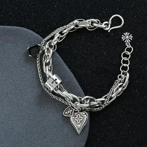 2026 New Unisex 925 Sterling Silver String Bracelet Vintage Heart Cross Pendant Trendy Party Daily Jewelry Gift TikTokShop