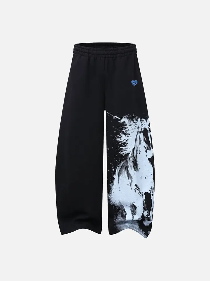 Aelfric Eden Ink Wash Horse Graphic Baggy Barrel Sweatpants High Waist Drawstring Elastic Waist Mini Oversized Barrel Wide Leg Soft Fabric Edgy Streetwear Unisex Bottoms