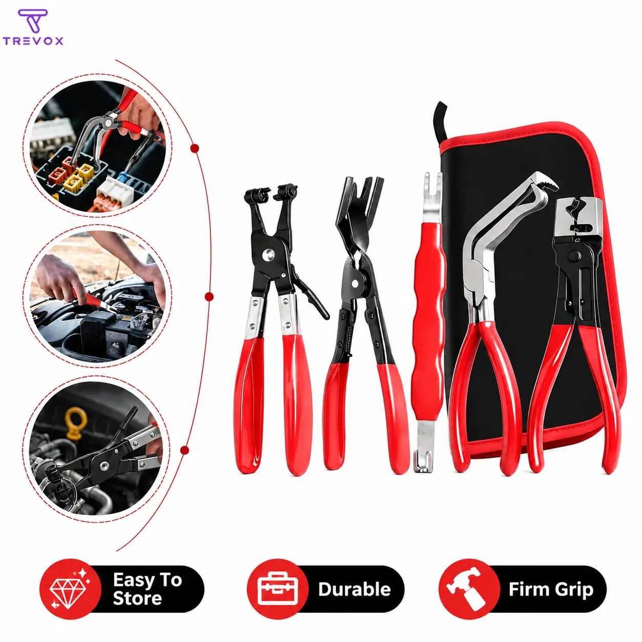 2026 New 5-Piece Automotive Repair Set: 9-inch high carbon steel connector splitter (80° rotating jaws), hose clamp pliers, trim clip disconnector, fuel line repair kit, with plastic carrying case.