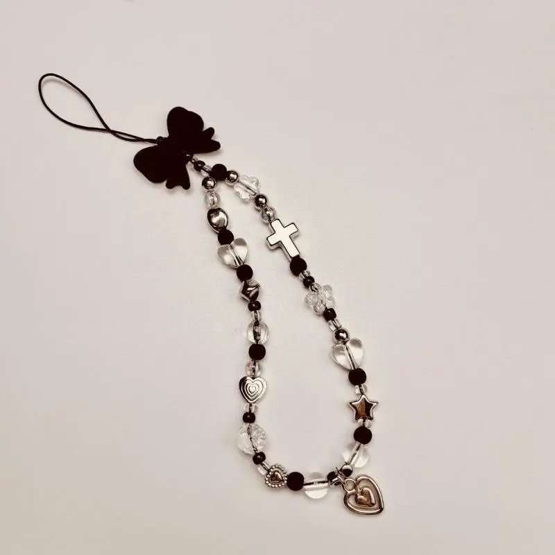 Handmade Black Heart-shaped Pendant Mobile Phone Lanyard With Cross Pendant And Beaded Design - Fashionable Camera Accessories, Durable Plastic Material, Unique Hand-made Touch, Camera Pendant Belt | Chic Accessories | Unique Pendant