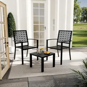 3-Piece Bistro Set, Outdoor Bistro Set, Stackable Metal Square Table and Chairs, Small Conversation Set Patio Furniture for Backyard, Deck, Balcony,Patio, Pool, Black