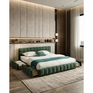 California King Size Upholstered Platform Bed Frame, Chenille Fabric, Storage Drawers, Solid Bed Frame & Soft Headboard, No Box Spring Needed, Modern Elegant Bedroom Furniture, Beige