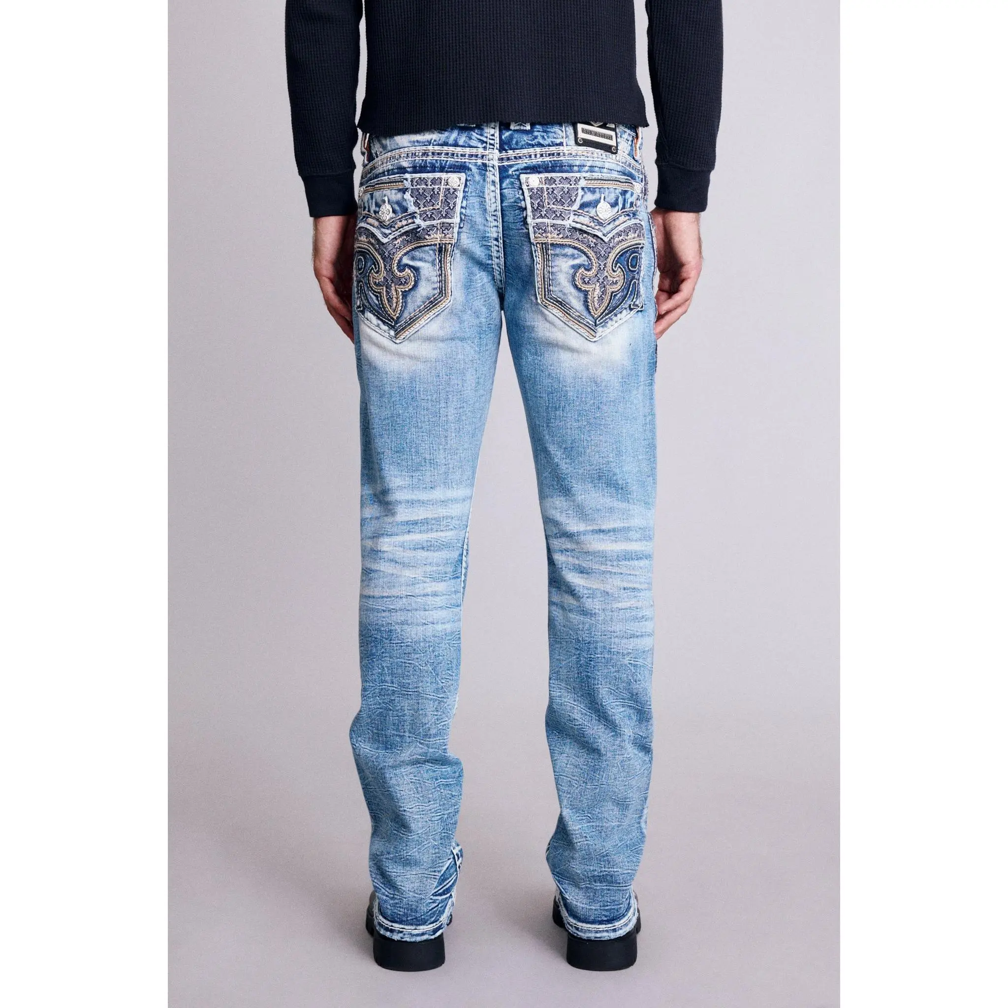 Rock Revival Men's Baxter Vintage Stretch Denim Jeans - Embroidery, Patchwork, Leather Accent, Alt Straight Fit, Medium Blue Decorated Embellished Menswear Pants with Pockets, Denim Men's Jeans