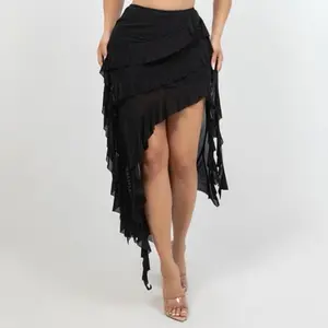 Mesh Rhinestone Asymmetric Midi Skirt
