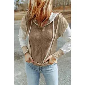 Khaki Long Sleeve Textured Knit Patchwork Hoodie