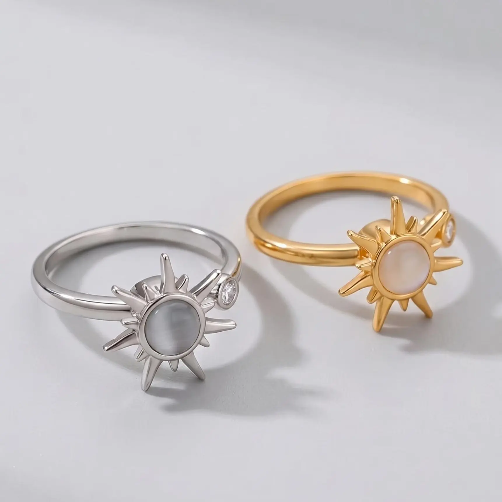 Boho Jewelry Rings for Women, Adjustable Open Sunburst Fidget Band with Smooth Spinner Detail and Translucent Centerpiece, Ring Stack, Adults