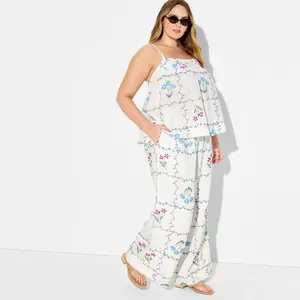 Women's Embroidered Wide Leg Pull-On Pants - Wild Fable White XS