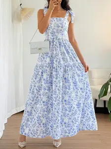 1 Spring Summer Blue Floral Tie Shoulder Maxi Dress Women | Smocked Back Tiered Flowy Long Dress | Coastal Granddaughter Old Money Style for Vacation Wedding Guest Brunch
