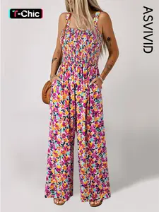 Women's Casual Summer Floral Print Square Neck Shirred Jumpsuit, Sleeveless High Waist Pocket Long Pants, Comfortable and Stylish for Daily Wear
