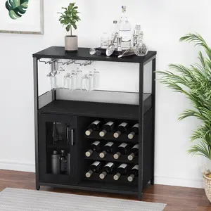 Vintage Industrial Wine Bar Cabinet with Adjustable Racks, Glass Holders & Mesh Doors. Compact Sideboard for Living Room, Kitchen, or Dining Room. Easy Assembly,Black