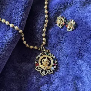 Ball Chain with Ganesh Locket and Earrings - Elegant Gold-Tone Beaded Necklace Set for Women