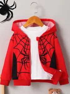 Boys' Spider Print Hooded Zipper Jacket, Fall Winter Casual Outerwear, Kids Long Sleeve Drawstring Coat, Fashion Clothing