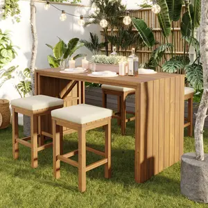 5 Piece Outdoor Bar Set, Patio Acacia Wood Bar Height Table & Four Stools with Cushions, Wood Dining Bar Set for Backyard, Poolside, Balcony, Beige