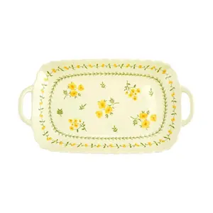 Golden Lion Japanese Style Ceramic Serving Platter - 30.5cm Rectangular Dish with Handles, Rustic Yellow Glaze, Spring Floral Design, Ideal for Appetizers, Desserts, Sushi
