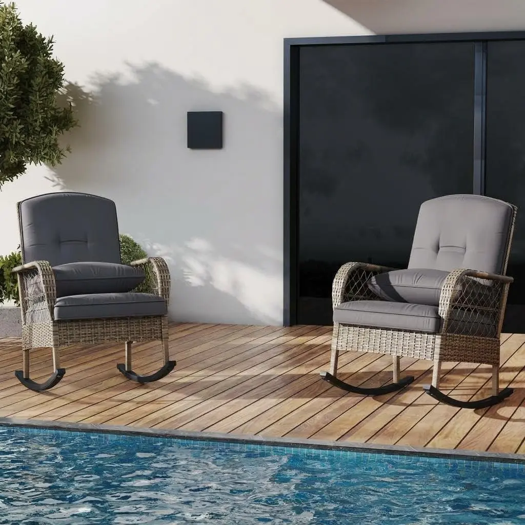 GARVEE Outdoor Wicker Rocking Chair, Patio Rattan Rocker Chair with Cushions & Steel Frame, All-Weather Rocking Lawn Wicker for Garden/Backyard,Grey,2pcs