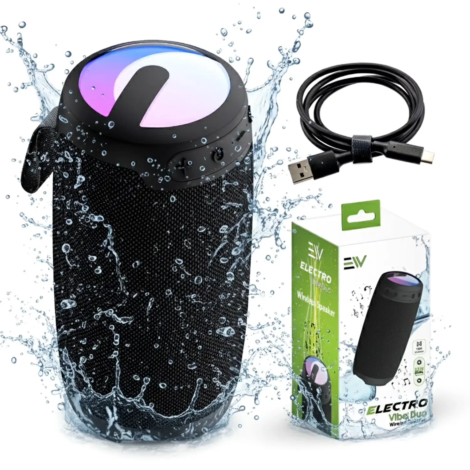Portable Speaker with LED Lighting, Bluetooth Wireless Speaker with USB-C Charging Cable, 10W Dual Driver Sound, AUX, USB & TF Card Support, Splash-Resistant Outdoor Speaker — Black