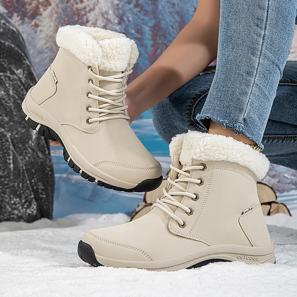 Women's High-Knee Waterproof Lace-Up Platform Snow Boots - Cream PU, Warm Faux Fur Lining, Anti-Slip Sole Winter Footwear, Cream-Coloured, Platform Lace-Up, Pu Upper, Tpr Sole, Extra-Large, Laces