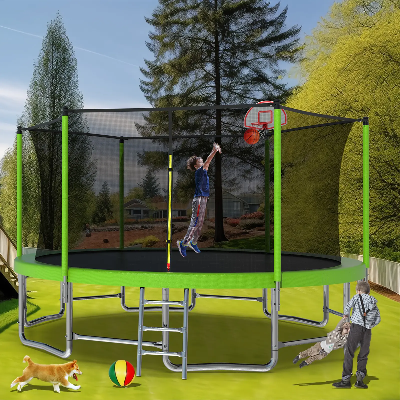 Mersco 16ft Outdoor Trampoline with Safety Enclosure, 3-step Galvanized Steel Ladder, Basketball Hoop, Steel Frame, 6 Foam-padded High Safety Poles, Green-Blue Upgraded Design, 4-6 Person Capacity, Ideal for Kids & Home Exercise