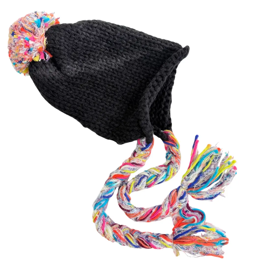 Boho Braids and Pom Pom Beanie - Black